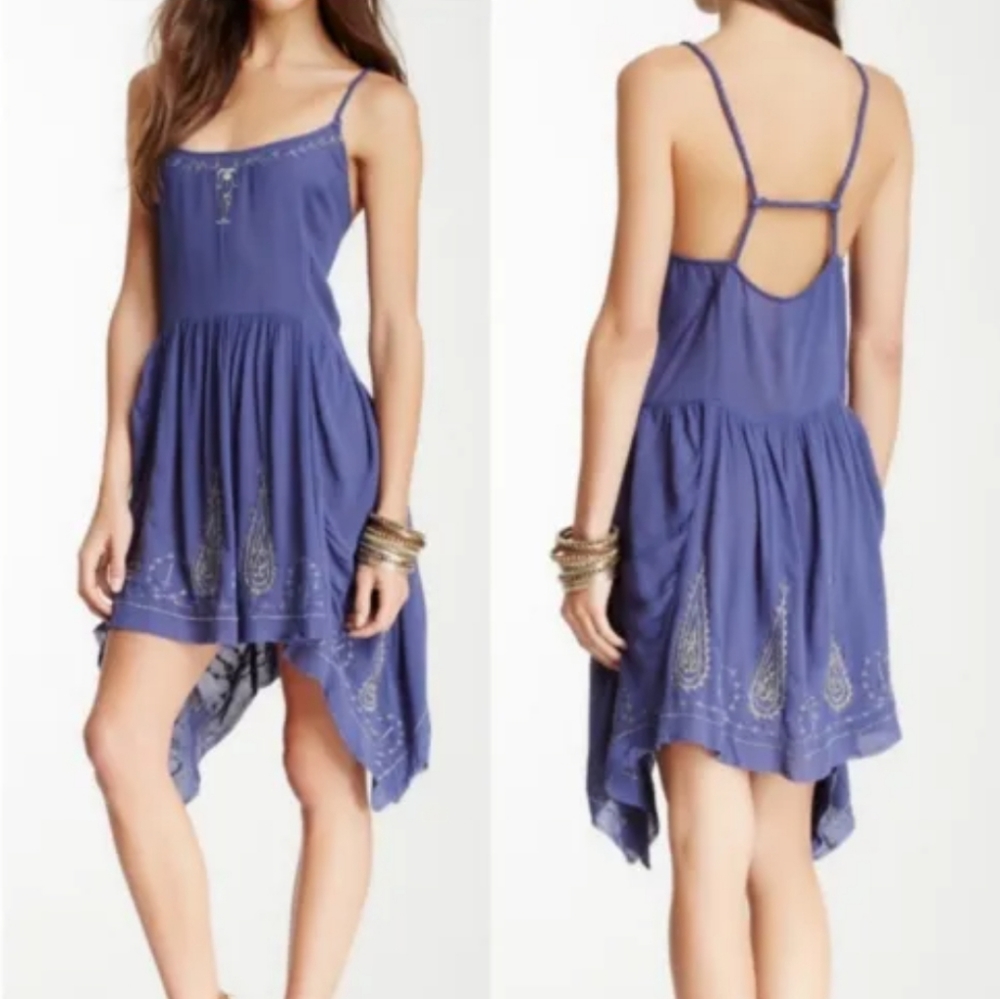 FREE PEOPLE MEADOW MEDALLION SLIP HANDKERCHIEF BLUE & SILVER EMBROIDERY BOHEMIAN - Picture 2 of 14